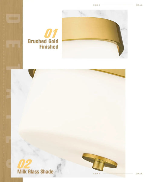 Detail of 11 Inch Brushed Gold Flush Mount Ceiling Light With Milk Glass Shades For Hallways Kitchens Bathrooms Dining Rooms