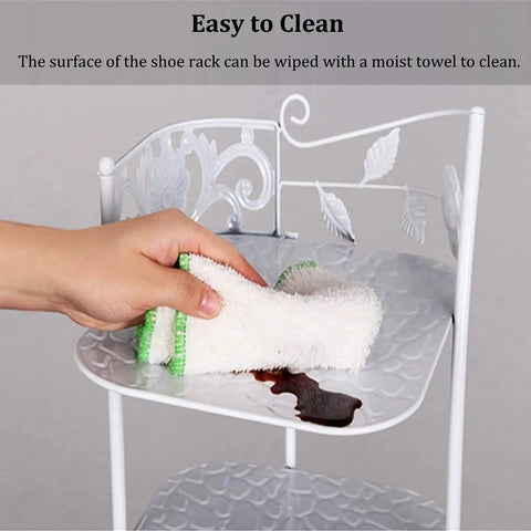 Cleaning the Rock Solid 10 Tier Metal Shoe Rack With Coat Hooks, showcasing easy maintenance and surface care.