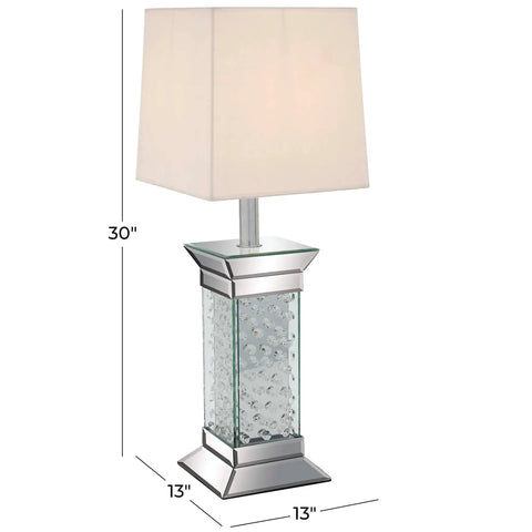Glam Glass Room Table Lamp With Mirrored Accent 13 By 13 By 30 Inches Silver Finish, showcasing its cream shade and glass details.