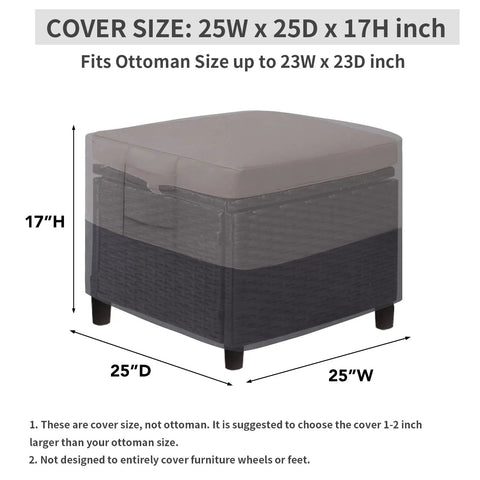 Illustration showing Heavy Duty Outdoor Patio Ottoman Cover With Waterproof Fabric, 25 Inch Square, fits up to 23 Inch ottomans.