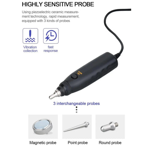 Portable LCD Vibration Analyzer And Vibrometer Meter With Large Clear Screen, On The Go Vibration Severity Tester For Acceleration, Velocity, And Displacement Readouts, 0.1 To 199.9 Meters Per Second Easy Read Measurement Tool, black probe with interchangeable tips
