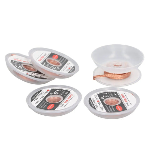 Pro Grade Desoldering Solder Wick Braid Set with Red Copper Core showing 5 Widths, each coil 4.9 feet, for PCB Circuit Board Repair