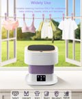 No Sweat Laundry Day With This Nifty 18L Folding Portable Washing Machine Featuring A Built In Spin Basket Quick Wash Cycle, with clothes hanging nearby.