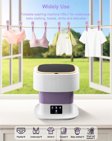 No Sweat Laundry Day With This Nifty 18L Folding Portable Washing Machine Featuring A Built In Spin Basket Quick Wash Cycle, with clothes hanging nearby.