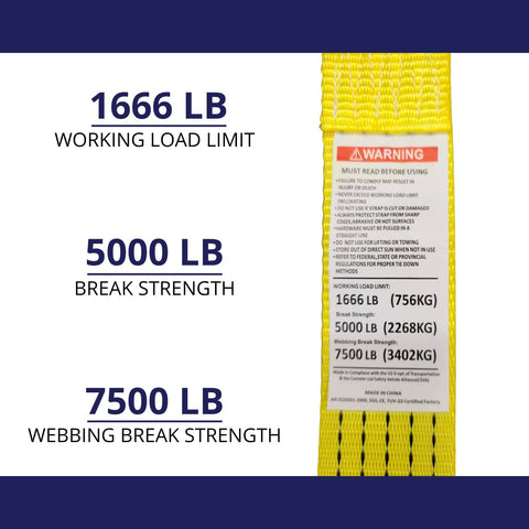 Heavy Duty Ratchet Tie Down Straps 2 Inch By 15 Foot, 5,000 Pound Break Strength, J Hook, 6 Pack label with specifications