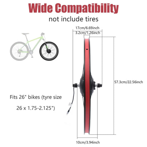36V 350W Electric Bike Conversion Kit For 26 Inch Front Wheel Hub Motor Set With dimensions and compatibility details