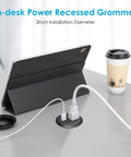 Recessed Desk Power Grommet With 20W Usb C Pd Fast Charging on desk with tablet, coffee cup, and cable for clutter-free workspace.
