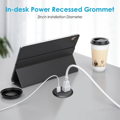 Recessed Desk Power Grommet With 20W Usb C Pd Fast Charging on desk with tablet, coffee cup, and cable for clutter-free workspace.