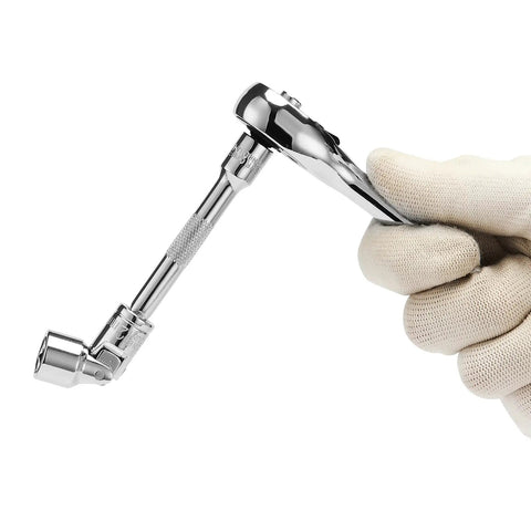 Hand holding a Nineteen Piece Quarter Inch Drive Universal Joint Socket Set With Swivel Wobble, Chrome Vanadium CR-V Impact Grade Steel Must-Have.