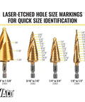Heavy Duty Step Drill Bit Set For DIY With Spiral Double Fluted Titanium Nitride Coated Bits, Pro Grade Four Piece From Half Inch To One And Three Eighths Inch Sizes, Quarter Inch Shank, In Rugged Carry Case Klein Tools with laser-etched markings