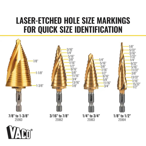Heavy Duty Step Drill Bit Set For DIY With Spiral Double Fluted Titanium Nitride Coated Bits, Pro Grade Four Piece From Half Inch To One And Three Eighths Inch Sizes, Quarter Inch Shank, In Rugged Carry Case Klein Tools with laser-etched markings