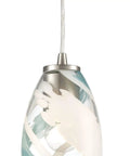 Close-up of the Turbulence Mini Pendant Light in Satin Nickel with Aqua Opal Swirl Glass, showing sleek hardwired fixture detail.