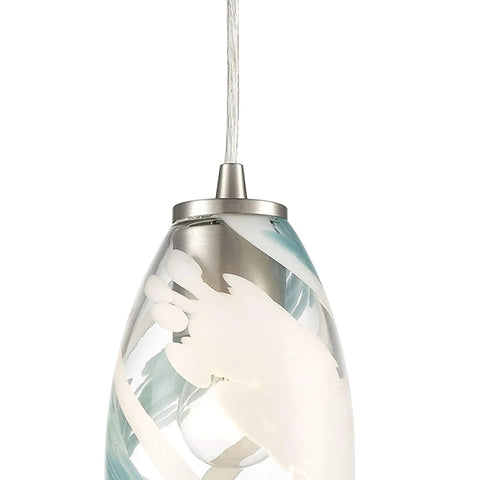 Close-up of the Turbulence Mini Pendant Light in Satin Nickel with Aqua Opal Swirl Glass, showing sleek hardwired fixture detail.