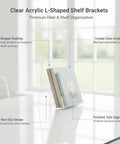 Crystal Clear L Shaped Bookends For Desk And Shelf Organization showing acrylic supports holding books upright on a glass surface.