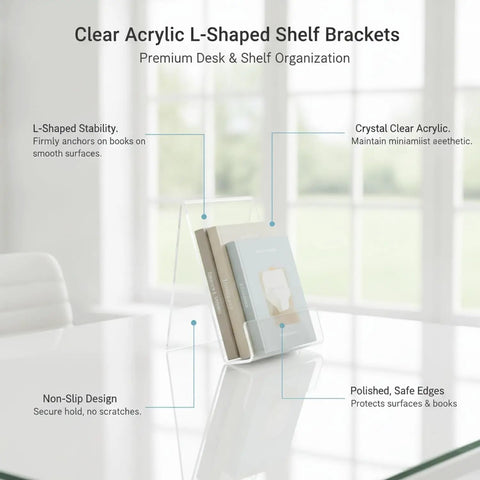 Crystal Clear L Shaped Bookends For Desk And Shelf Organization showing acrylic supports holding books upright on a glass surface.