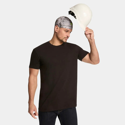Man wearing digital camo gray Cooling Helmet Liner That Cools Instantly When Wet, UPF 50 Sun Protection, under a hard hat.