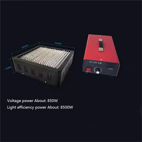 Top Shelf 8500W UV Curing Lamp With Precise Timed Dials And Cool Light Flow For Quick Resin Glue Varnish Curing On Delicate Prints showing lamp dimensions.