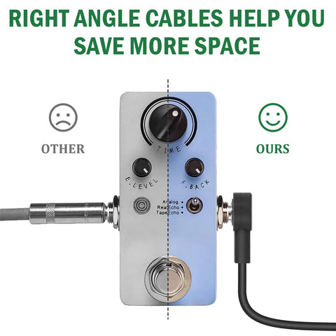 Comparison of right-angle Three Foot Guitar Patch Cables with quarter inch TS plug for space-saving on pedalboard.