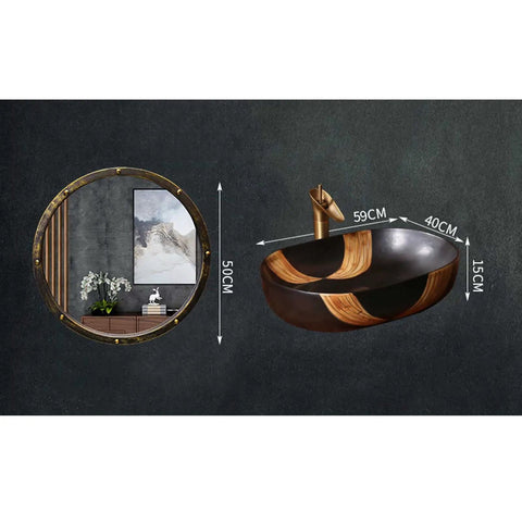 SDVantage Ceramic Bathroom Vessel Sink, Artistic Carved Countertop Basin Sink Black 59 * 40 * 15Cm, displayed with dimensions next to a mirror.