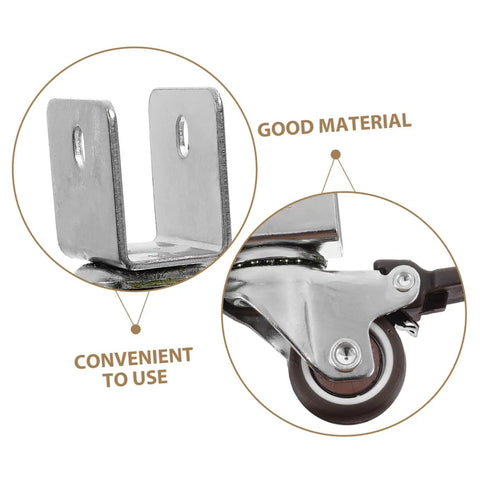 Close-up of 4 Pack Heavy Duty Swivel Casters Rolling Smooth As Silk With Retractable Kickback Locks showing metal mount and wheel.