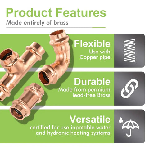 15 Piece Pro Grade Pro Press Fittings Kit For Copper Pipe Half Inch Heavy Duty Brass Lead Free NSF cUPC Certified features