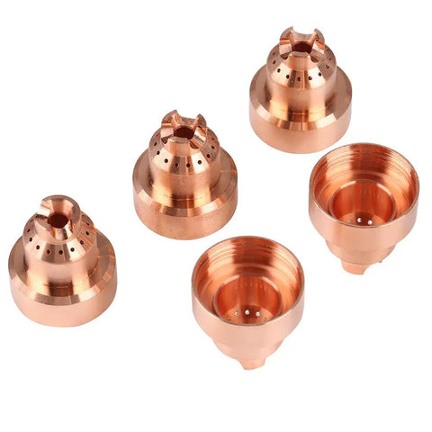 Super Cool Plasma Caps 5 Pack Copper Replacement For Thermal Dynamics 85 And 105 Cutting Torch Consumables showing five copper arc plasma caps.
