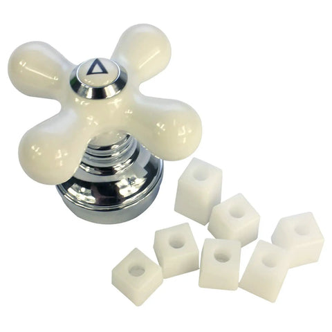 Cross-Arm Tub Shower And Sink Faucet Handle For 2-3 Handle Faucets Chrome And White Porcelain Finish Swap-In Replacement Kit For Worn Out Handles Not For Delta Or Moen Faucets About 3 Inches Wide And 1-1/4 Inch Depth, showing white cross handle with adapter pieces.