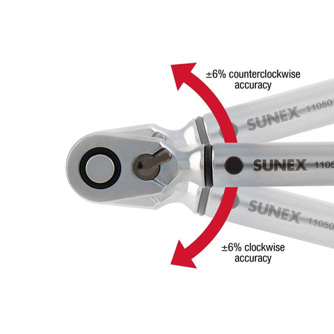 Quarter Inch Drive 60 Tooth Torque Wrench With 10 To 50 Inch Pounds, showing head with clockwise and counterclockwise accuracy arrows