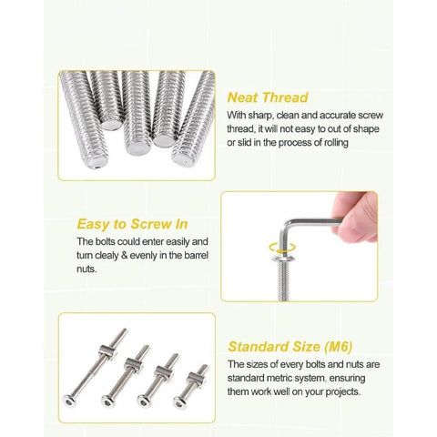 Flat Head Socket M6 Furniture Screws Set With 50 Pieces Of 20mm Screws, 50 M6 Fully Threaded Bolts And 1 Hex Spanner details