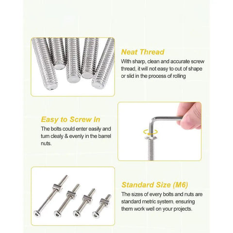 Heavy Duty 49 Pieces M6 Hex Socket Head Cap Screw And Barrel Nut Assortment Kit With Wrenches for Bunk Bed Crib Furniture Repair close-up of bolts.