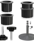 Six Piece Patio Umbrella Base Hardware Kit Black Ring Plugs Hole Covers And Pole Fasteners shown with base parts and M8 40mm knobs