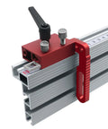 Close-up of Go To T Track Aluminum Miter Track Jig Kit For Table Routers And DIY Woodworking Miter Slider Fixtures, showing track and handle