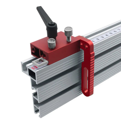 Close-up of Go To T Track Aluminum Miter Track Jig Kit For Table Routers And DIY Woodworking Miter Slider Fixtures, showing track and handle