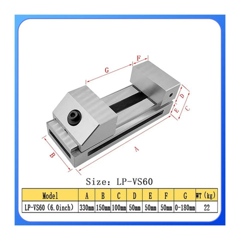 Heavy Duty 6 Inch Moving Cnc Vise Featuring Bombproof Clamping Power Rock Hard Stability Perfect Workbench Essential For Grinding Milling And Secure Lockdowns In Any Garage Or Pro Shop, showing dimensions and metal build.