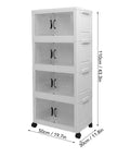 Heavy Duty Four Tier Wheeled Storage Cart With Lids Stackable Foldable Plastic Organizer Bins, 110cm tall, clear bins.