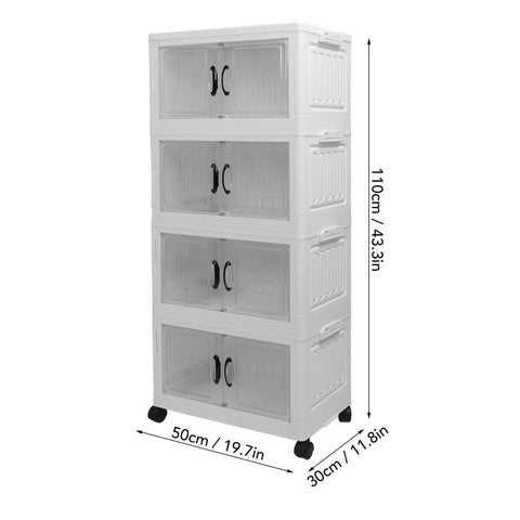 Heavy Duty Four Tier Wheeled Storage Cart With Lids Stackable Foldable Plastic Organizer Bins, 110cm tall, clear bins.