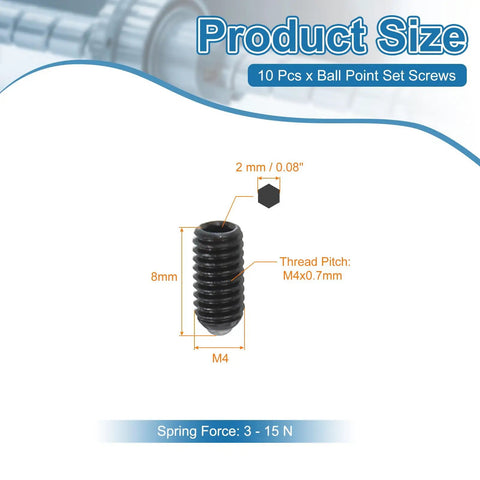 Badass M4x8mm Ball Point Set Screws 10 Pc Carbon Steel Hex Socket spring plungers with size and thread pitch details.