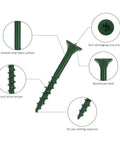 Illustration showing deck screw features for outdoor wood fence and decking, built to last, rust resistant epoxy coated, 8x1.5 in, T25 Torx.