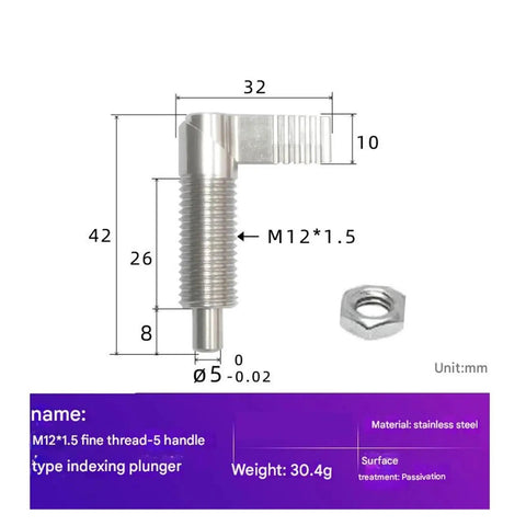 Heavy Duty Stainless Steel Spring Plunger Pin Featuring Slick Ergonomic L Shaped Indexing Handle And Smooth Retractable M12 Locking Mechanism with dimensions