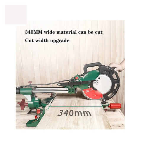 Slick Kickass 8 Inch Electric Miter Saw With Smooth Sliding Table, cutting 340mm wide material on a wooden surface.
