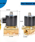 Dimensions and features of Brass 12V DC Solenoid Valve One Half Inch Normally Closed Pneumatic Valve For Water Air Gas Fuel Oil.