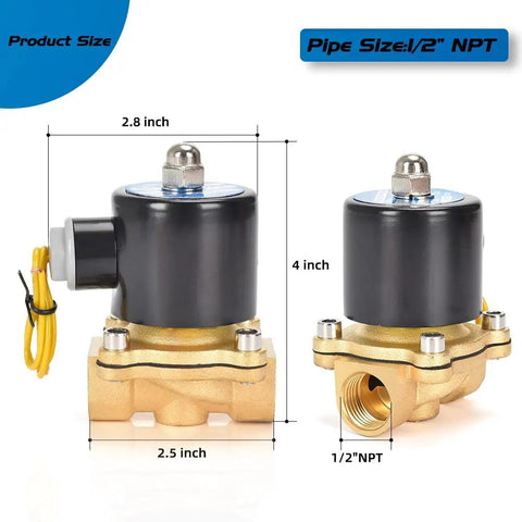 Dimensions and features of Brass 12V DC Solenoid Valve One Half Inch Normally Closed Pneumatic Valve For Water Air Gas Fuel Oil.
