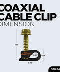 Coaxial Cable Clips With Pre-Inserted Screw, Black, 100 Pack, dimensions shown, single cable mounting clamps for coax RG6 RG59