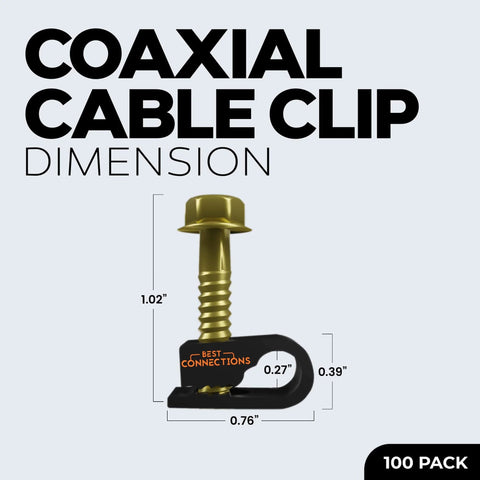 Coaxial Cable Clips With Pre-Inserted Screw, Black, 100 Pack, dimensions shown, single cable mounting clamps for coax RG6 RG59