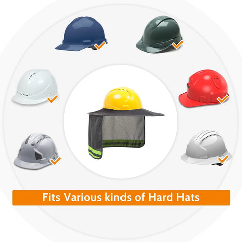 Full Brim Hard Hat Sun Shield Neck Guard 2 Pack With High Visibility Reflective Strips for various hard hats displayed.