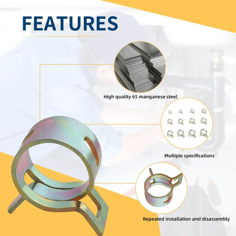 142 Piece Spring Hose Clamp Kit 6mm to 20mm Assortment For Auto And DIY Use, colorful clips, material details and features