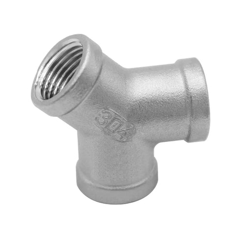 Beduan Tee 3/4 NPT Female Y Shaped 3 Way Cast Pipe Fitting Stainless Steel 304, side view, silver color, threaded ends