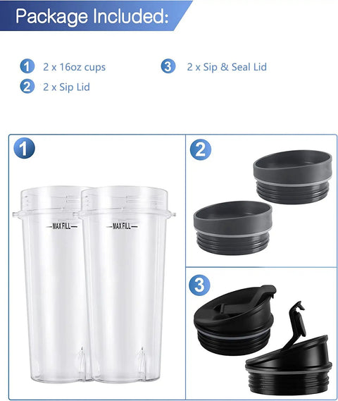 2 Pack Blender Replacement Parts For Single Serve 16 Oz Cups With Sip And Seal Lids Built To Last And Dishwasher Safe Eco Friendly Plastic Durable And Reliable Fits 1100W And 1500W Blenders package includes 2 cups, 2 Sip & Seal lids, 2 Sip lids