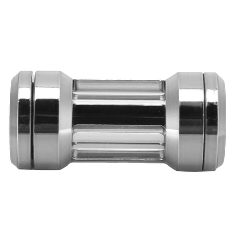 Top Notch Inline G1/4 Thread PC Water Cooling Filter With Heavy Duty Brass Build And Clear Viewing Port Plus 50mm Precision Mesh Strainer viewed from the side.