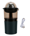 Asixxsix Portable Electric Citrus Juicer In Dark Green 400ml Cordless Handheld Fruit Press Machine With Built In Pulp Filter, top view with USB cable.